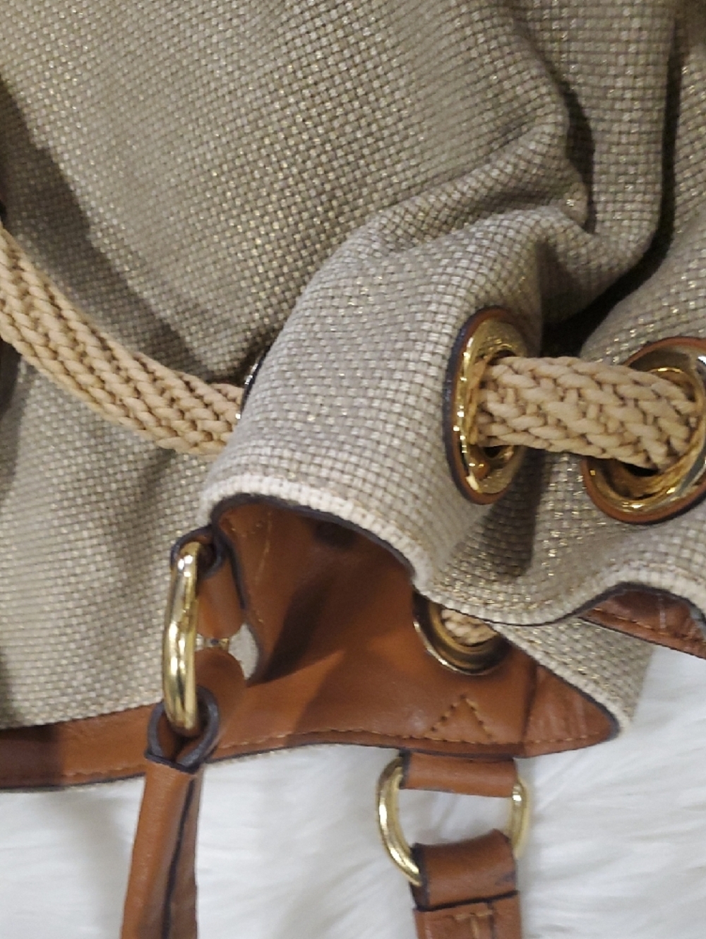 Michael Kors Tan Canvas Drawstring Shoulder Bag with Brown Leather Trim - Picture 17 of 17